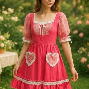 Elegant Pink Floral Dress with Heart Pocket Detail